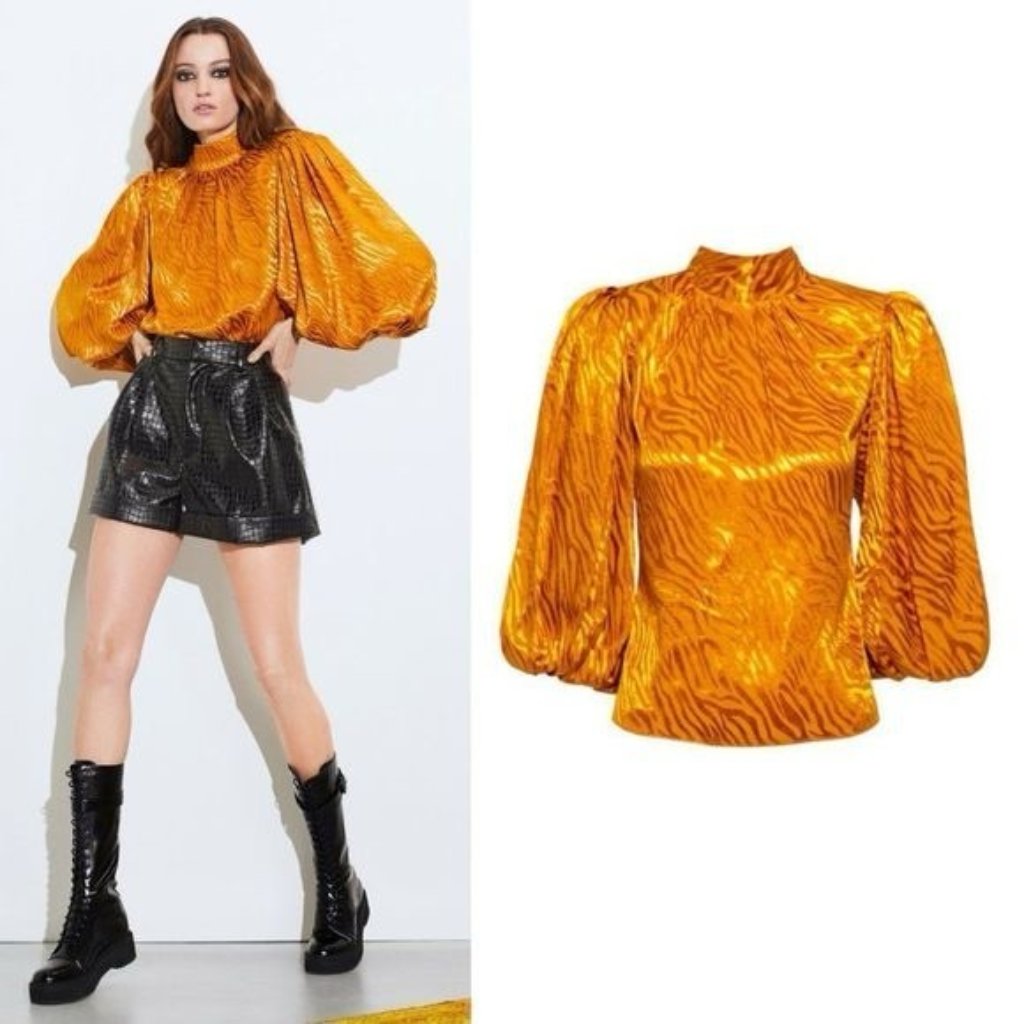 Nwt Alice + Olivia Annabelle Pleated Autumn Gold Puff Sleeves Mock Neck Top S/P